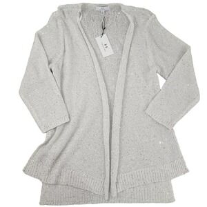 Halston Sequin Open Front Cardigan Womens L Silver Knit Cotton Blend Shimmer